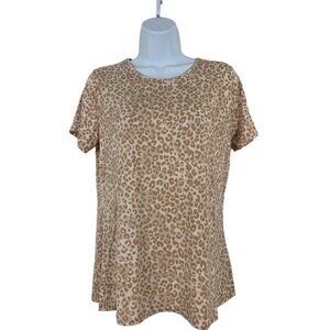 Nine West Womens Leopard Print Short Sleeve T-Shirt Beige & Brown Size Medium
